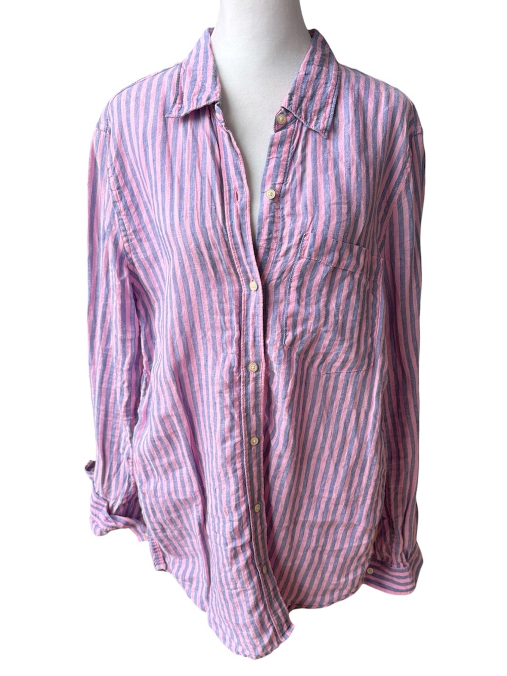 GAP Pink and Blue Striped Linen Boyfriend Button Down Shirt Size Small